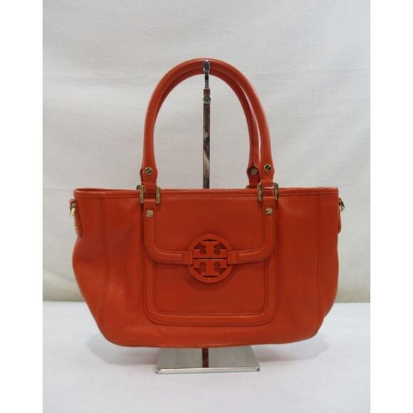 Tory Burch- Dark Orange w/ Gold Tone Hardware Top Zip Footed Shoulder Tote - Picture 1 of 6